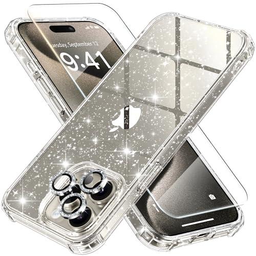 BERFY for iPhone 15 Pro Case Glitter, with 9H Tempered Screen Protector + 3X Diamond Camera Lens Protectors, [Non-Yellowing] Women Clear Sparkly Cute Bling Hard Shockproof Cover 6.1", Shiny Clear