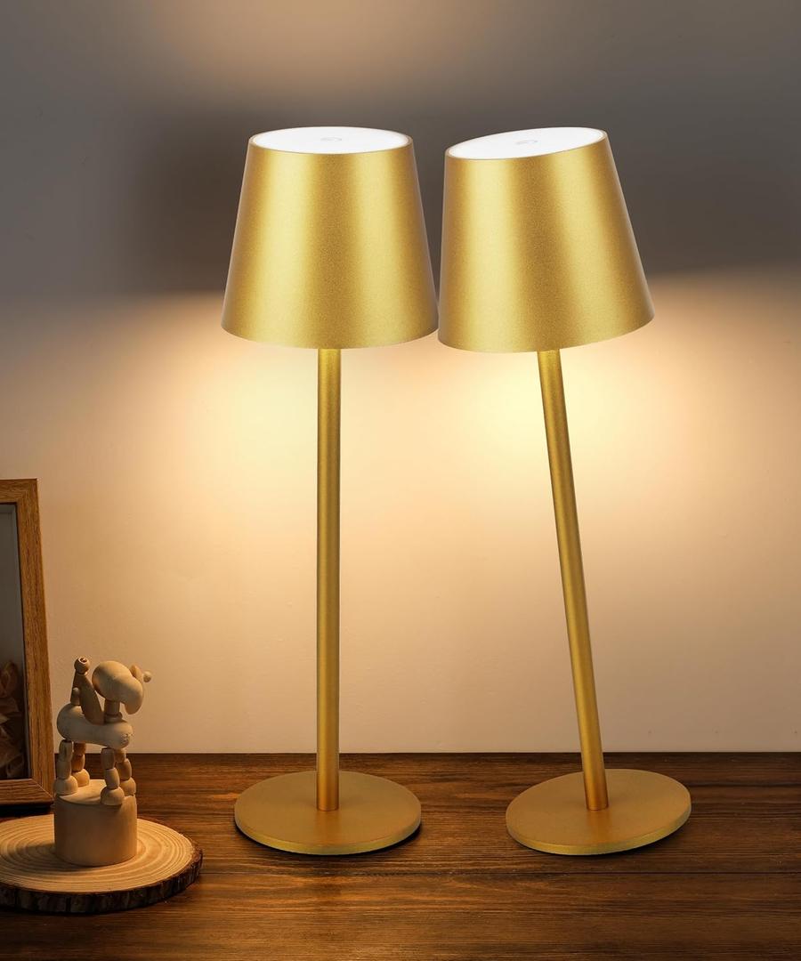 2Pack Cordless Table Lamp, 5200mAh IP54 Waterproof Rechargeable Battery Desk Lamp, 3 Color Stepless Dimmable Touch Lamp, Battery Operated Lamp for Kitchen/Bedside/Outdoor/Restaurant (Gold)