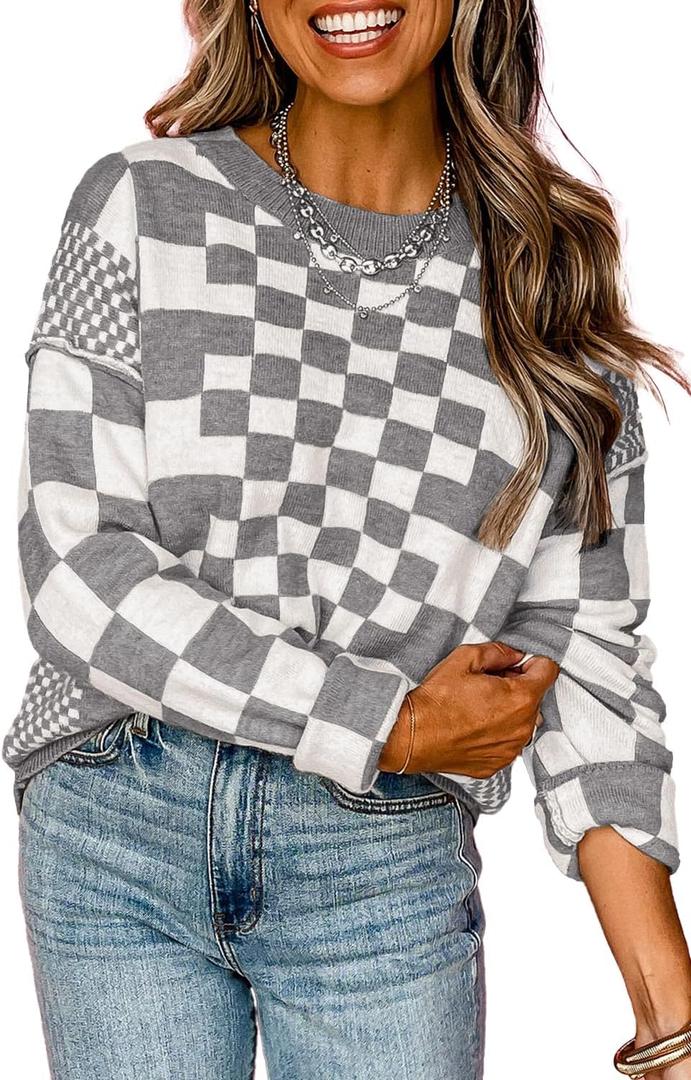 MARZXIN Women's 2025 Fall Casual Long Sleeve Sweaters Checkered Print Drop Crewneck Pullover Tops