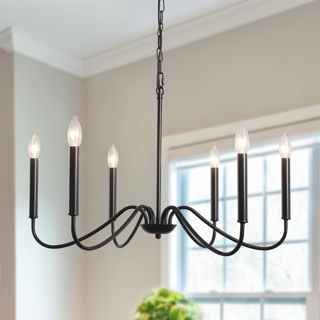 Generies Black Farmhouse Chandelier 6 Lights,Modern Industrial Iron Pendant Lighting, Classic Rustic Candle Ceiling Light Fixture for Bedroom Living Dining Room Kitchen Island