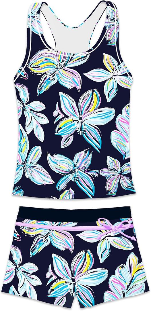 Little Girls' Summer Swimwear Two Piece Boyshort Tankini Kids Swimsuit (8-9 Years, Colorful Flowers)