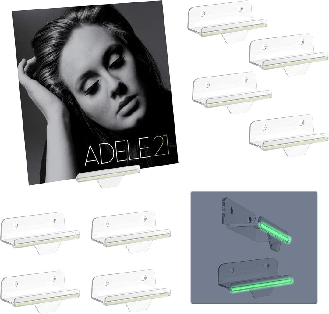 TERDEWE 10 Pack Clear Vinyl Holder Wall 4 inch ,Glow in The Dark , Wall Mount with Fluorescent Strip,Clear Album Holder for Vinyl Record DVD Photo Picture Makeup