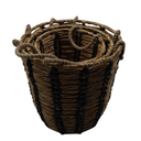 Set of 3 Handwoven Storage Baskets Made from natural Fibers with Black Accents and Rope Handles.