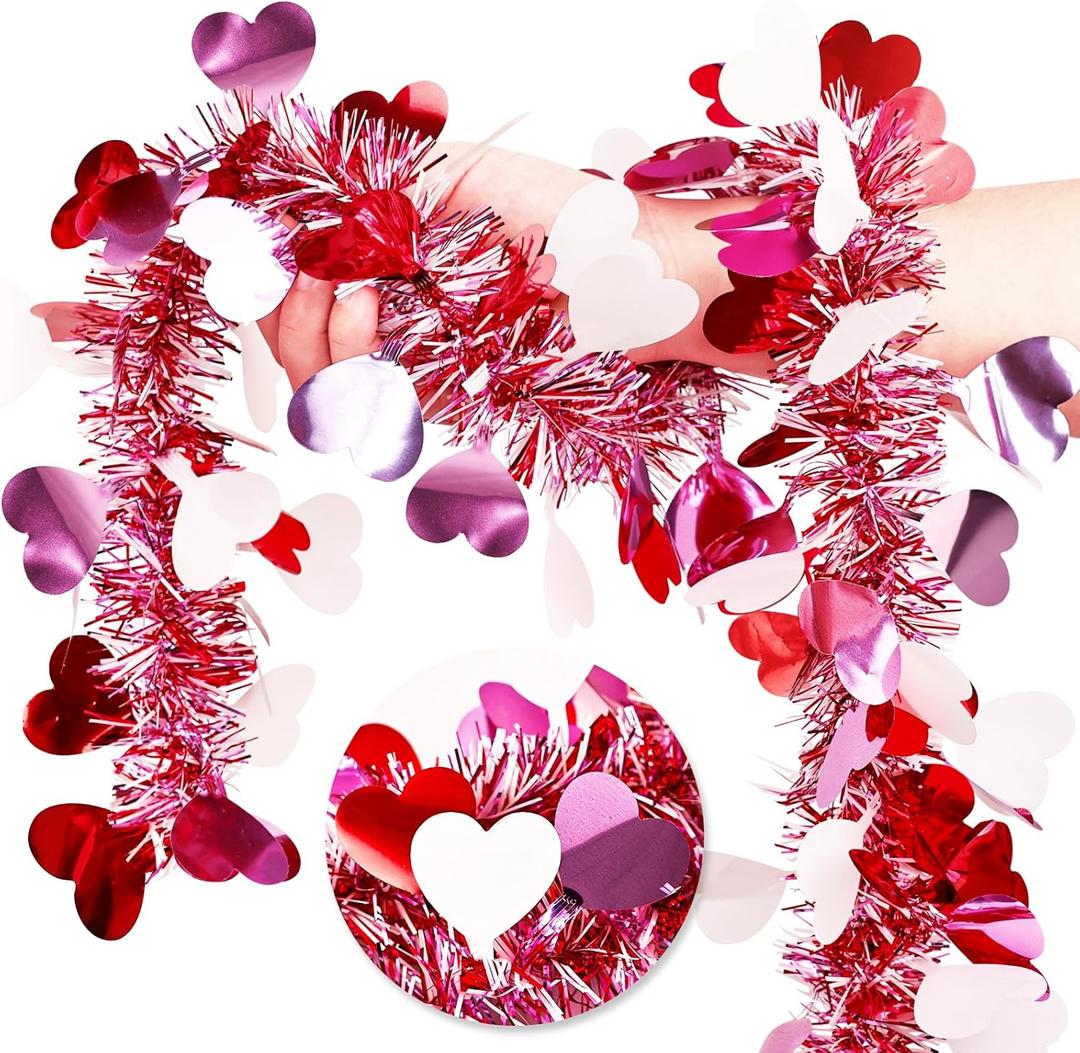 66 Ft Heart Tinsel Garland, Red Pink White Metallic Garland Shining Ceiling Hanging Wedding Decorations for Party Anniversary Indoor Supplies