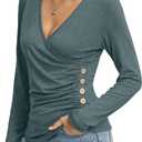 Women's Long Sleeve Deep V Neck Tops Wrap Ruched Slim Fit Shirts Button Side Blouse Sexy Fall Outfits 2025 (Green, S)