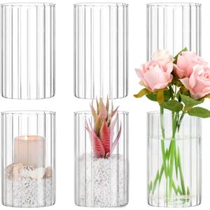 6pcs Glass Cylinder Vases for Centerpieces, 6 Inch Tall Clear Ribbed Vases Bulk for Wedding Glass Floating Candle Holder for Dinner Table, Fireplace, Party, Home Decor