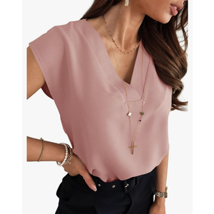 Lynwitkui Women's V Neck Chiffon Blouses Cap Sleeve Shirts Casual Loose Work Office Solid Tops Size L