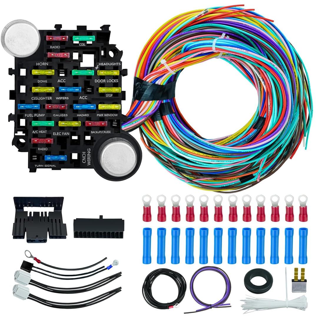 Universal 21 Circuit Wiring Harness Kit, Extra Long Wire Standard Color 17 Fuses Compatible with GM Chevy Mopar Hotrods Ratrods Chrysler Ford