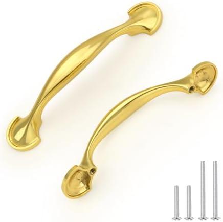 EZRENOVA Gold Cabinet Handles 3 Inch (76mm) Hole Centers - Modern Zinc Alloy Pulls (15 Pack) | Kitchen & Bathroom Hardware, Curved Drawer Knobs for Cabinets, Dressers