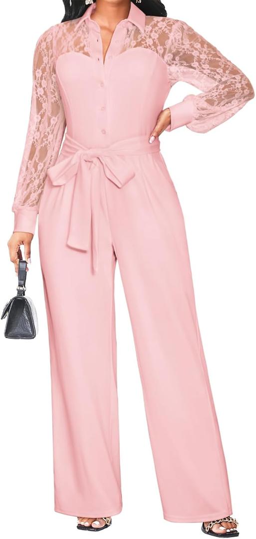 Elegant Jumpsuit for Women Dressy Sexy Lace Puff Sleeve Wide Leg Pant Suit One Piece Formal Outfits (Pink, M)