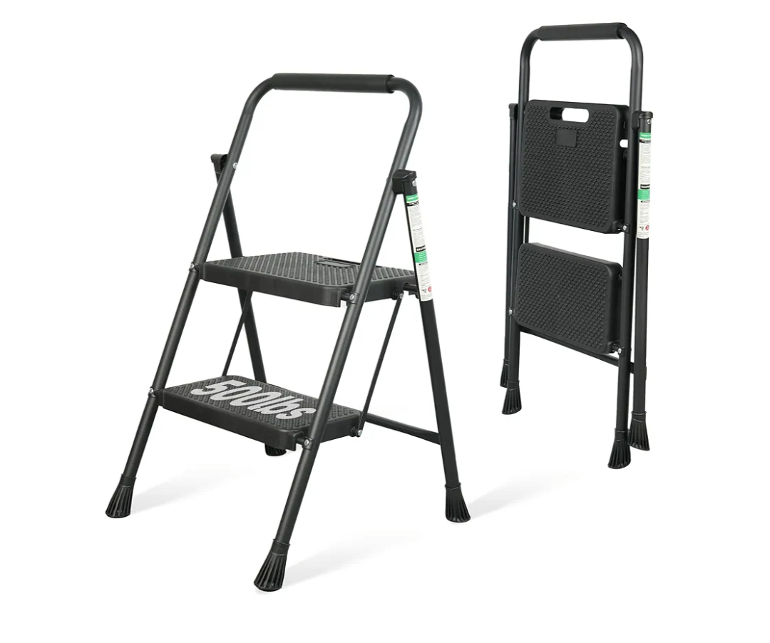 2 Step Ladder, Portable Steel Folding Step Stool with Wide Anti-Slip Pedal & Convenient Handgrip, 500lbs Sturdy Steel Ladder, Black