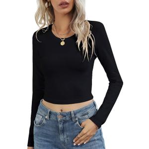 Women's Long Sleeve Crewneck Crop Top Sexy Slim Fitted Cotton T Shirt, Medium