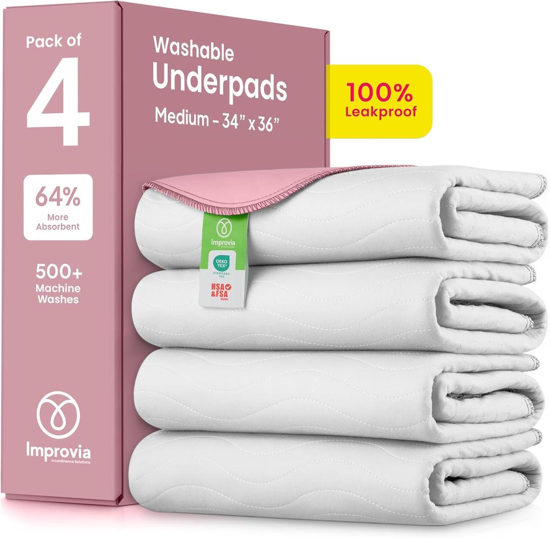 IMPROVIA Washable Underpads, Heavy Absorbency Reusable Incontinence Pads for Kids, Adults, Elderly, and Pets - Waterproof Protection Floor (White & Pink, 4 Pack - 34"x36")