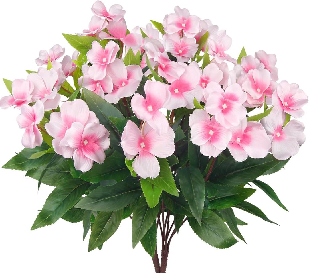 2 Pcs Artificial Impatiens Flowers for Outdoors Silk Flower Outside UV Resistant Fake Flowers Plants Bushes Pink Faux Impatiens for Outdoor Planters Front Porch Patio Garden Balcony Decor