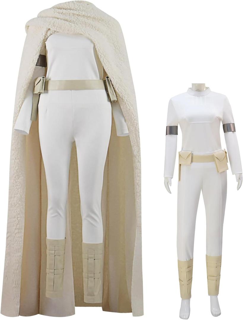 Women Padme Amidala Cosplay Shirt Pants Belt Robe Cloak Jedi Padme Costume Battle Uniform White for Halloween (Large)
