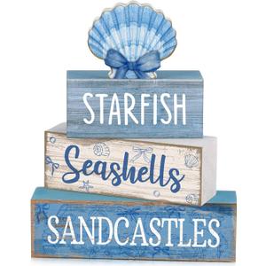 Moucuny 4 Pcs Nautical Beach Decor Shell Tiered Tray Decoration Blue Bow Table Centerpieces Summer Rustic Decorative Block Signs Gift Farmhouse Table Sign for Home Kitchen Shelf