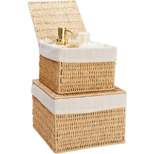 Juvale Wicker Storage Bins with Lids and Insert - Set of 2, 10 x 10 x 7 in & 8 x 8 x 6 in, Brown - Rectangular Lined Baskets with Lids & Insert for Organization