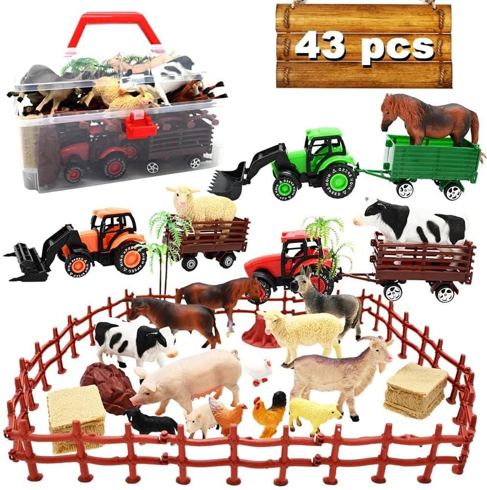 Kimicare 3 Pack Farm Toy Tractor with 40pcs Plastic Farm Animals Figurines and Fence Farm Playset, Farm Figures Farmer Vehicle Toy Truck with Trailer Birthday Gifts Christmas Stocking Stuffers