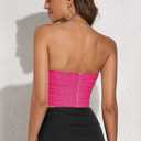 Modegal Women's Strapless Boned Mesh Bustier Corset Bodyshaper Crop Top | Vintage Backless Bustier Zip Back Corset Bodyshaper Crop Top (Pink, S)