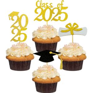 2025 Glittery Graduation Cupcake Toppers (48 Pieces) Gold and Black Class of 2025 Graduation Cap Diploma Cupcake Toppers for Graduation Party, 2025 Grad Congrats Graduation Dessert Decoration Picks