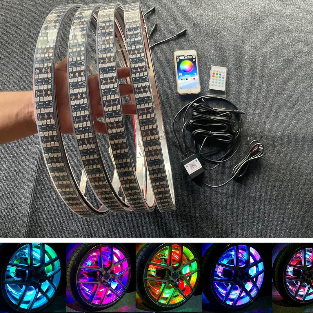 17.5" Quad Row Brightest Four Rolls LED Wheel Rim Lights High Lumens for Car Truck SUV Pickup Vehicle Off-Road Multi-Color Chasing Dynamic Tire Well Lighted Wheel Bluetooth + Remote