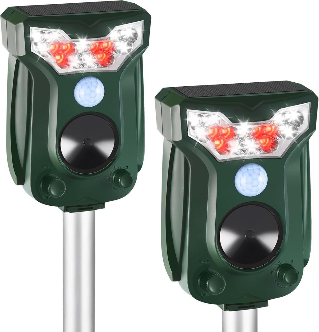 2 Pack Cat Repellent Outdoor Solar Ultrasonic Animal Repeller- Motion Activated Pest Deterrent Device for Cats, Dogs, Raccoons, Deer, Skunks,Rodents, Waterproof Scare Away Raccoon Deterrent Stakes