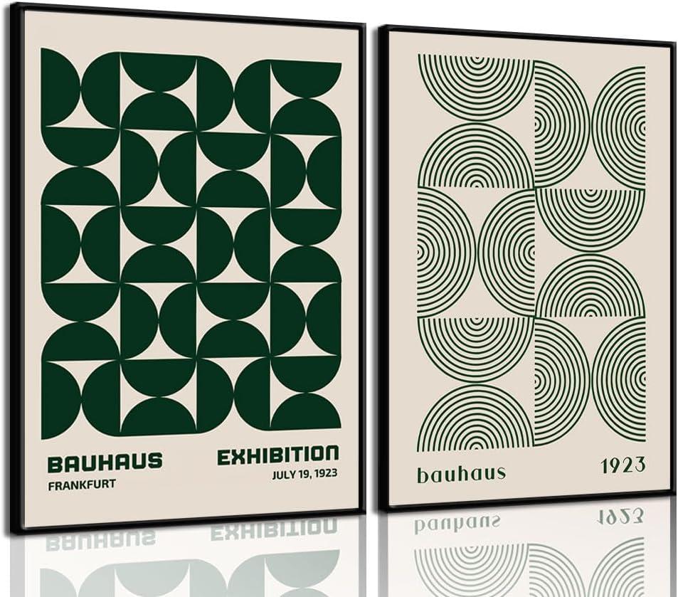2Pcs Bauhaus Mid Century Modern Wall Art Retro Exhibition Posters Prints Green Boho Geometric Abstract Minimalist Wall Decor Pictures for Bedroom iving Room Dining Room UNFRAMED (Green, 12x16in)