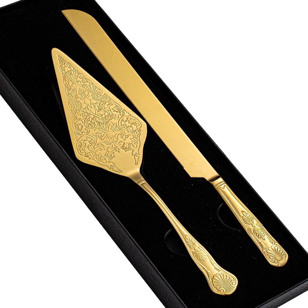 Vintage Wedding Cake Knife and Server Set, Stainless Steel Cake Pie Pastry Cutting Knife & Serving Spatula Set, Premium Party Supplies for Wedding, Birthday, Anniversary & Events, Gold
