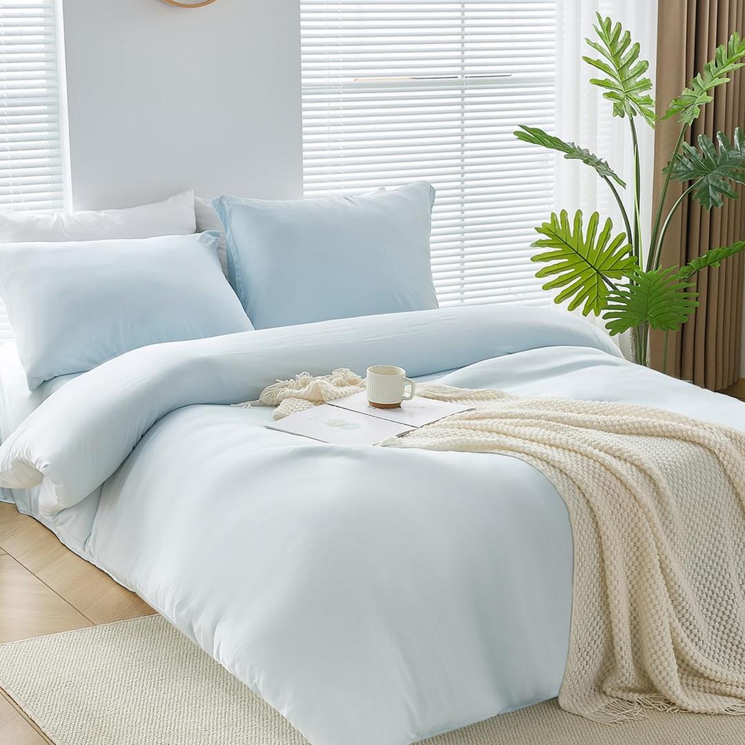 WhatsBedding 3 Pieces Duvet Cover Set Queen Size - Prewashed Bedding Set, Extra Comfy & Breathable Cooling Comfoter Cover, 1 Duvet Cover and 2 Pillowcases, 90x90 (Light Blue, Queen)