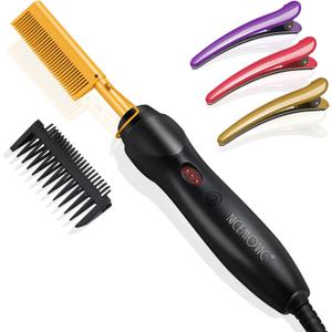 NICEMOVIC Ceramic Heating Hair Straightener Comb - Hot Pressing Brush for Natural Black Hair, Beard Wigs, and Curling (Gold)