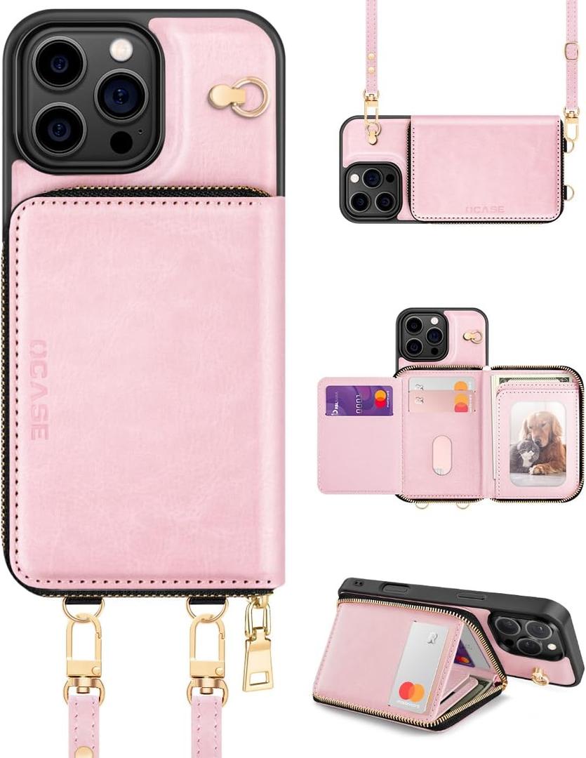 OCASE Compatible with iPhone 16 Pro Crossbody Wallet Case with Card Holder, PU Leather Zipper Handbag Phone Purse with RFID Blocking Kickstand Wrist Strap Lanyard 6.3 Inch, Pink