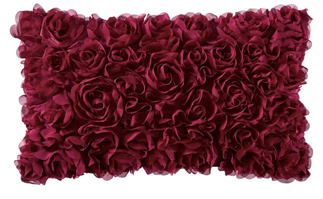 MIULEE 3D Rose Flower Pillow Cover Decorative Valentines Romantic Stereo Chiffon Aesthetic Solid Pillowcase for Girl Women Girlfriend Couch Bedroom Decor 12x20 Inch Wine Red