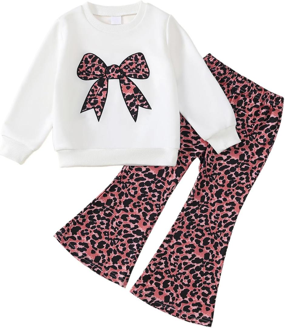 Kids Toddler Girl Fall Clothes Graphic Print Sweatshirt Pullover Leopard Flared Pants 2Pcs Winter Outfits (3-4T)