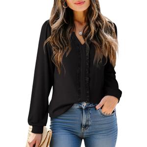 Dokotoo Women's V Neck Ruffle Blouses Long Sleeve Casual Work Tops Loose Fit Pullover Shirts (Black, L)