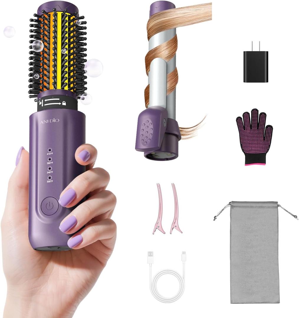 Cordless Curling Iron Brush, 8000mAh, 4 Temp Setting, 1/1.5 inch 2 in 1 Portable Mini Travel Hot Comb,Rechargeable Hair Curler Cordless with 200 Million Negative Ions, Dual Voltage for Travel