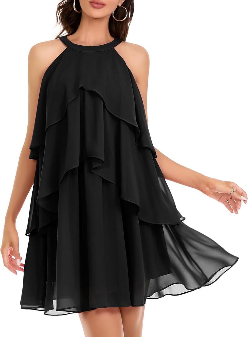 DRESSTELLS Women's Cocktail Ruffle Tiered Dresses, Formal Wedding Guest Holiday Party Halter Mini Dress (Black, L)