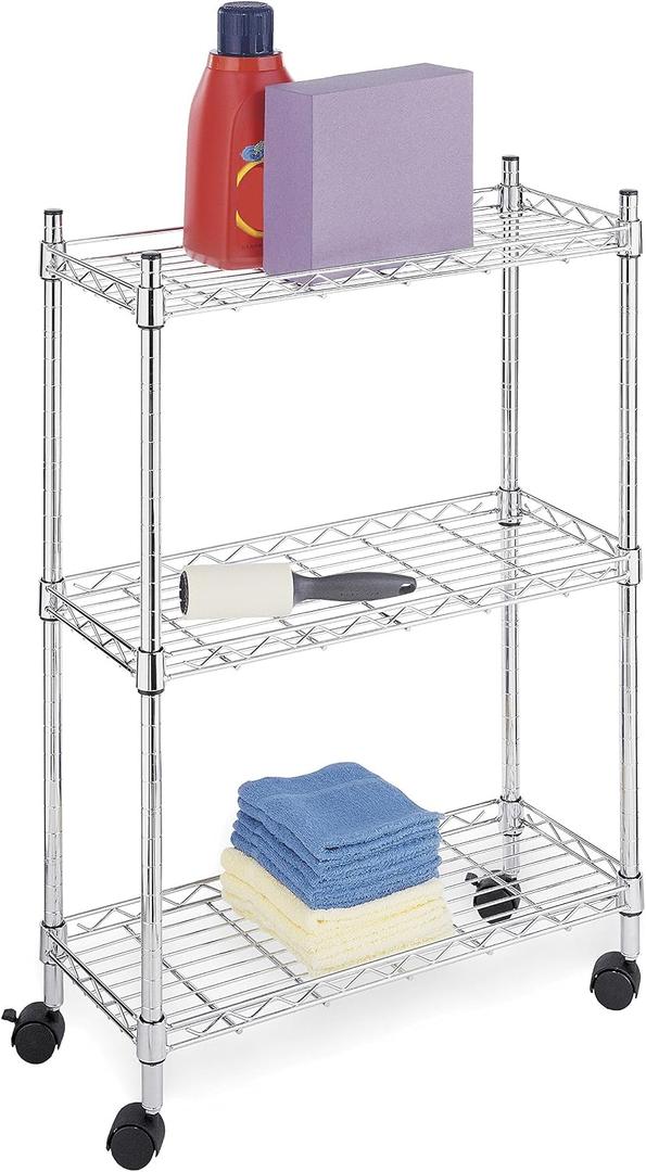 Whitmor 3 Tier Shelving Unit with Wheels, Adjustable Heavy Duty Metal Storage Shelves, 400 lbs Capacity per Shelf, 1200 lbs Total for Home, Garage, Workshop, 23" L x 9" W x 32" H, Chrome