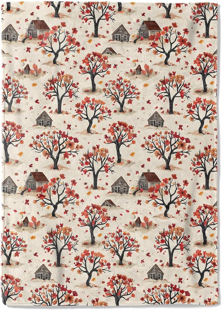 Farmhouse Cottage Fleece Blanket - 50x60in Cute Rustic Fall Tree Throw Blankets,Soft Cozy Lightweight, Ideal for Living Room Home Whimsical Decor and Kids Women Girls Spring Gifts