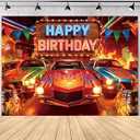 SVBright Racing Car Happy Birthday Backdrop 7Wx5H Western Vintage Retro West Brown Barn Door Rustic Farmhouse Country Fire Colorful Flags Decorations Photography Background Banner Photo Booth Studio