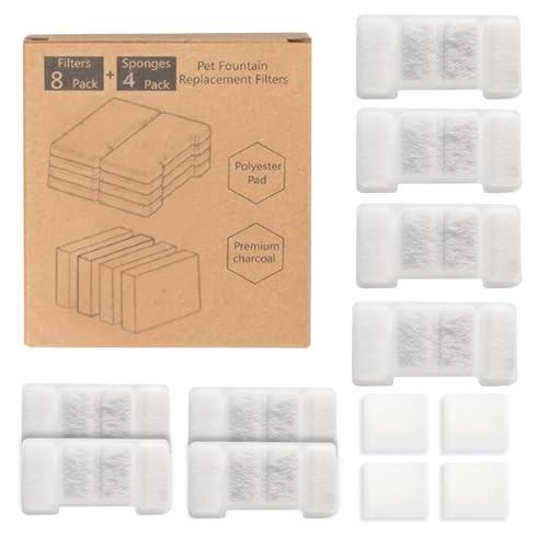HAJXM Cat Water Fountain Replacement Filters, 8 Pack Replacement Filters & 4 Pack Replacement Sponges Set for 2.2L/74oz Automatic Stainless Steel Pet Fountain Ultra Quiet
