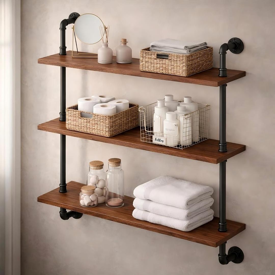 3-Tier Industrial Pipe Floating Shelf Rustic 30 inch Wood Wall-Mounted Storage Shelf for Kitchen Office,Bathroom & Home Decor -Walnut