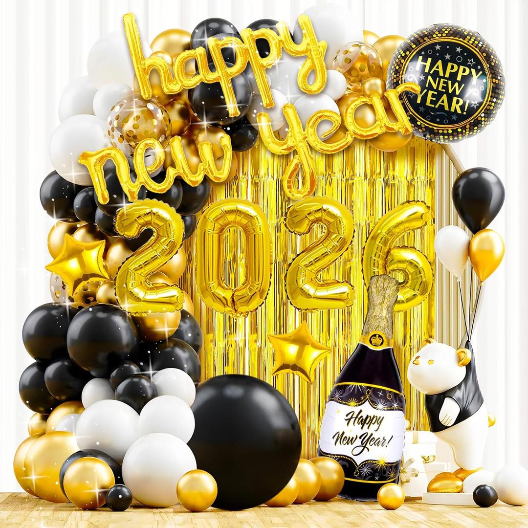 2026 New Years Eve party supplies, Happy New Years Decorations 2026, Gold Black Balloons Supplies Set with 2026 Foil Balloons, Happy New Year Banner Champagne Golden Curtains for New Year Decoration