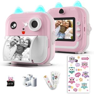 Kids Camera Instant Print - 48MP Dual Lens, 1080P Video, Thermal Printing with 4 Paper Rolls - Fun Filters, Stickers & Games - Bluetooth App, 32GB Card - Gift for Girls & Boys Ages 3-12 (Pink)