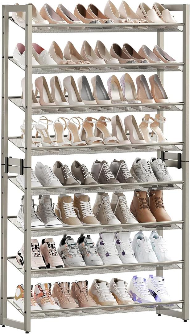 SONGMICS Shoe Rack, 8-Tier Shoe Organizer, Metal Rack for Garage, Set of 2, 4-Tier Stackable Shelf, with Adjustable Flat or Angled Shelves, 32-40 Pairs, Cappuccino Beige ULMR008L01