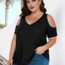 Buauty Women's Summer Trendy Shirts V Neck Criss Cross Cold Shoulder Tops Solid Color Fashion Casual Loose Sexy Blouse (Black, M)