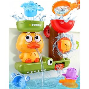 Baby Bath Toys for Kids Ages 1-3 Waterfall Duck Toddler Bath Toys with 3 Stacking Cups Sensory Shower Bathtub Toys for 12+ Months Boys Girls Birthday Gifts with Strong Suction Cups