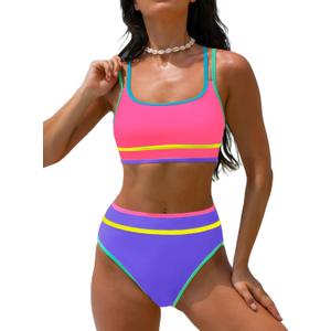 Popvil Women's High Waisted Bikini Sets Neon Two Piece 2026 Swimsuit Sporty Adjustable Straps Bathing Suit (Large, Pink&Purple)