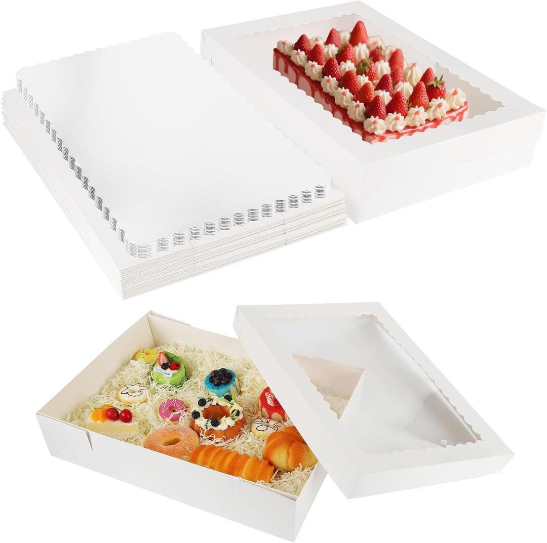 10 Sets 19x14x4in Rectangle Cake Boxes with Boards, White Large Bakery Boxes with Window for Quarter Sheet Cakes Donuts Cupcakes Pie Package
