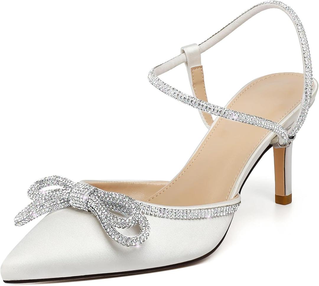 Susanny Women's Closed Toe Rhinstone Wedding Low Heel Slingback Clear Kitten Heels,Adjustable Strap Pointed Toe Bow Pumps High Heeled Prom Dress Shoes, 8.5
