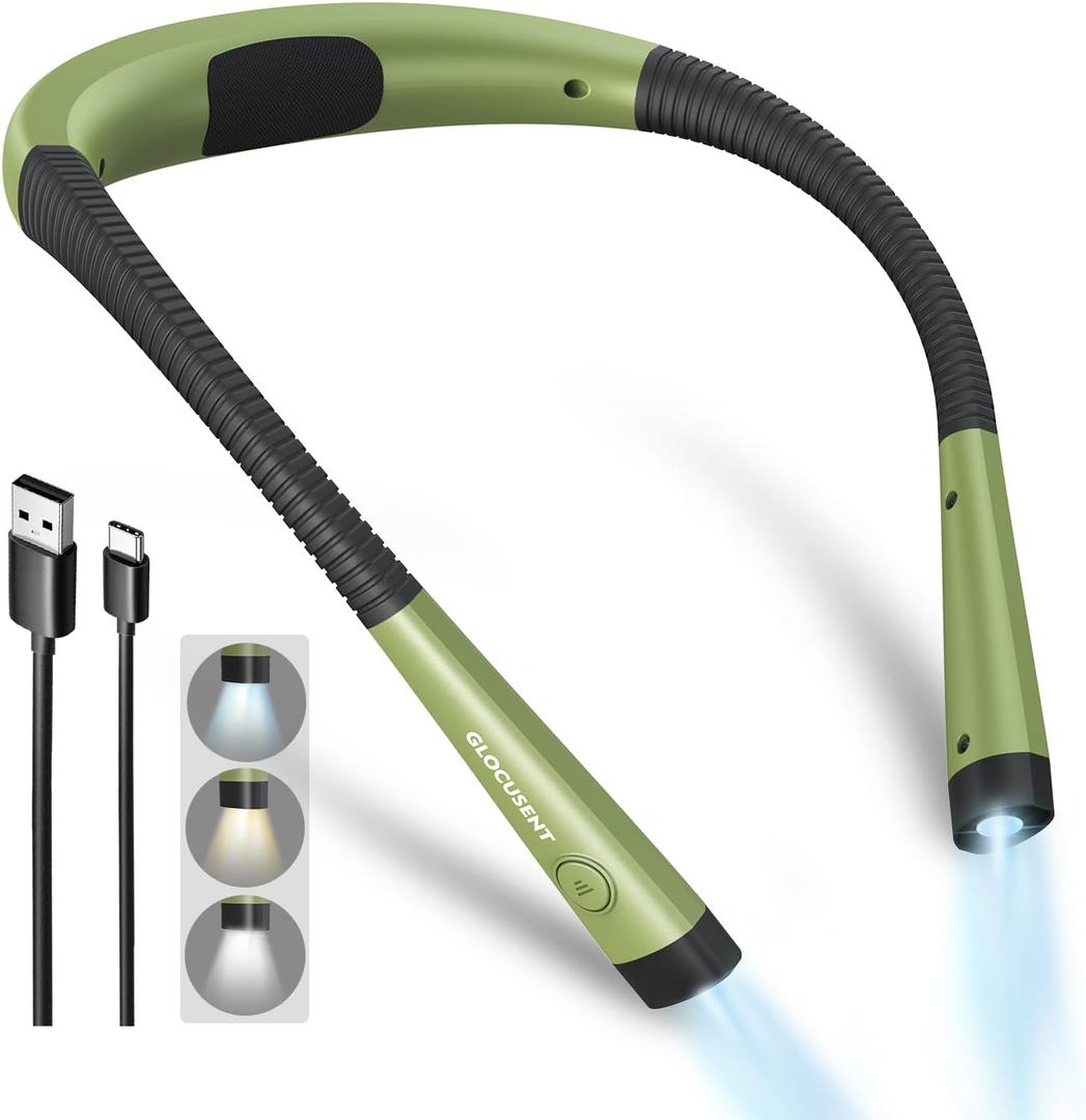 Glocusent Book Light, 3-Color & 6-Brightness Reading Light, Bendable Neck Light, 80-hr Lasting Rechargeable Book Light, Perfect Reading Lights for Books in Bed, Knitting, Repairing, Book Lovers Gifts (Medium, Green)